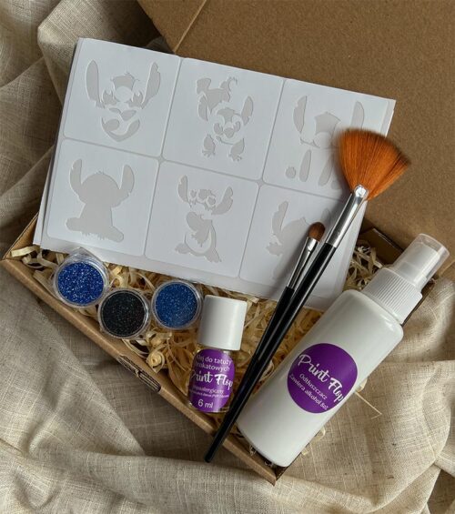 Gotowy mini zestaw do tatuaży brokatowych z motywem bajkowym – Stich. Idealny dla dzieci, zawiera brokaty, klej i szablony.